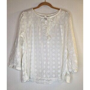 Loft Swiss Dot White Baby Doll Blouse Sz L Tie Front Bohemian Cottage Core Boho